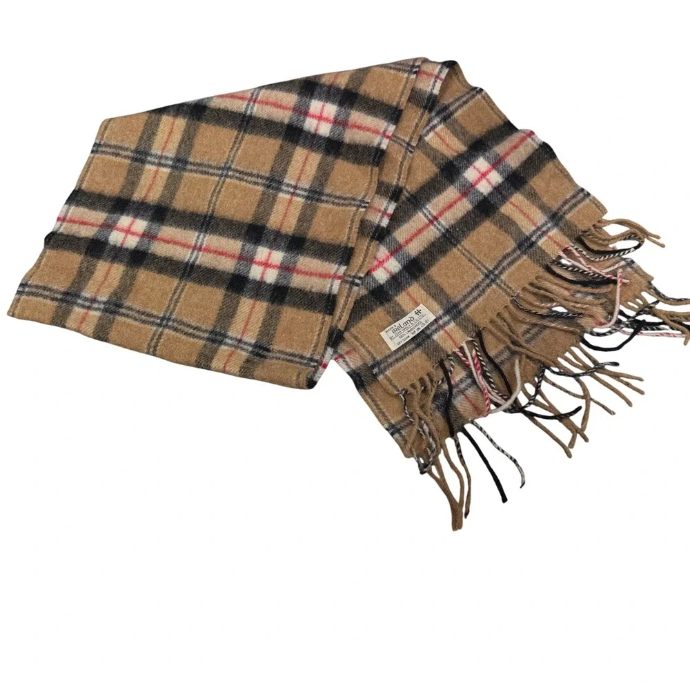 John Hanly Scarf Unisex OS Tan Excellent Lambswool Plaid Woven in Ireland Fringe